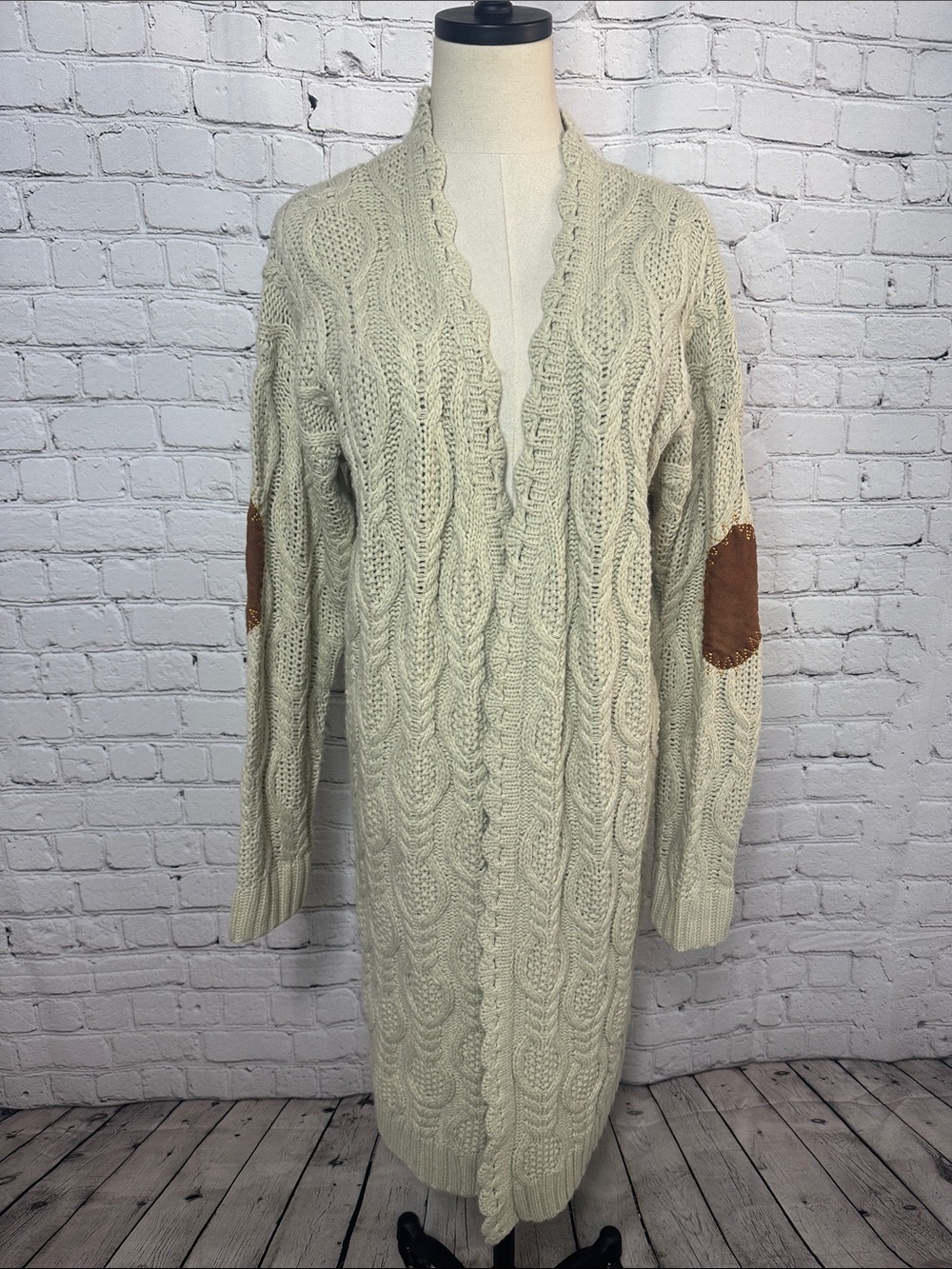 POL Cream Cable Knit Long Open Cardigan Sweater Elbow Patches Medium M